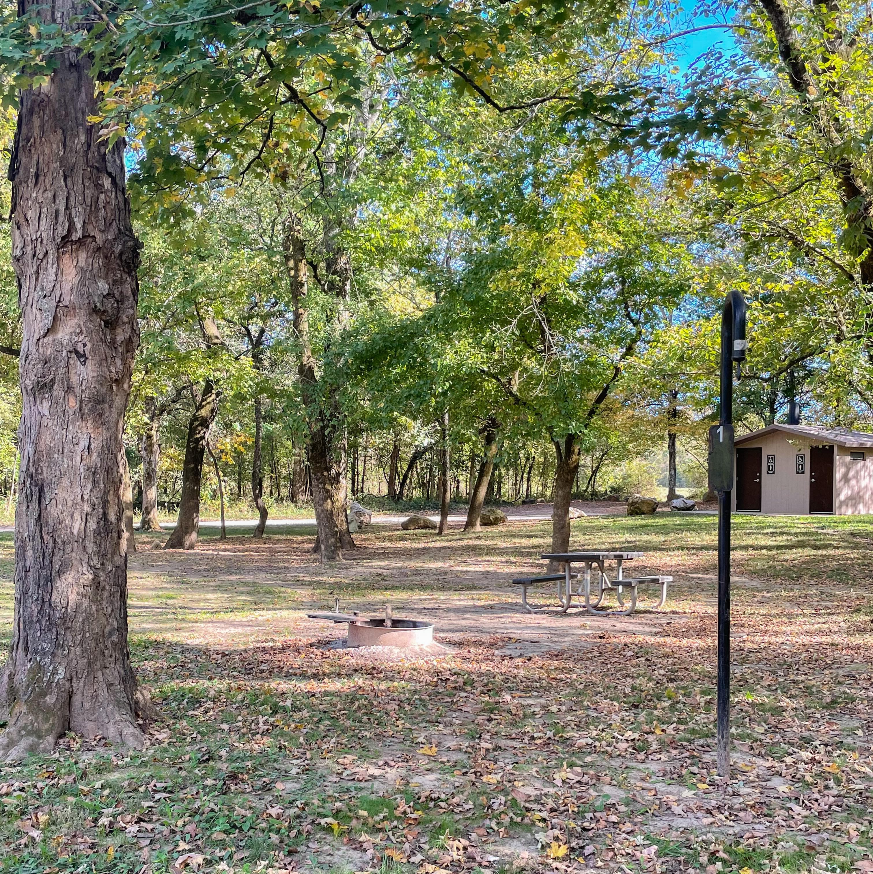 A campsite with a fire ring, picnic table, lantern post, and nearby restroom.