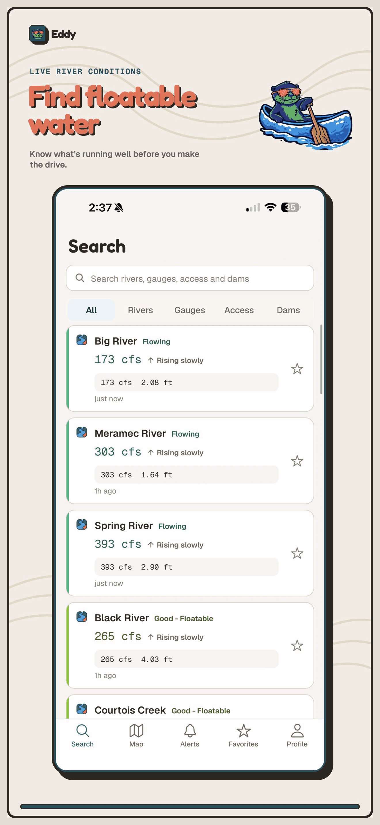 Search live river conditions in Eddy