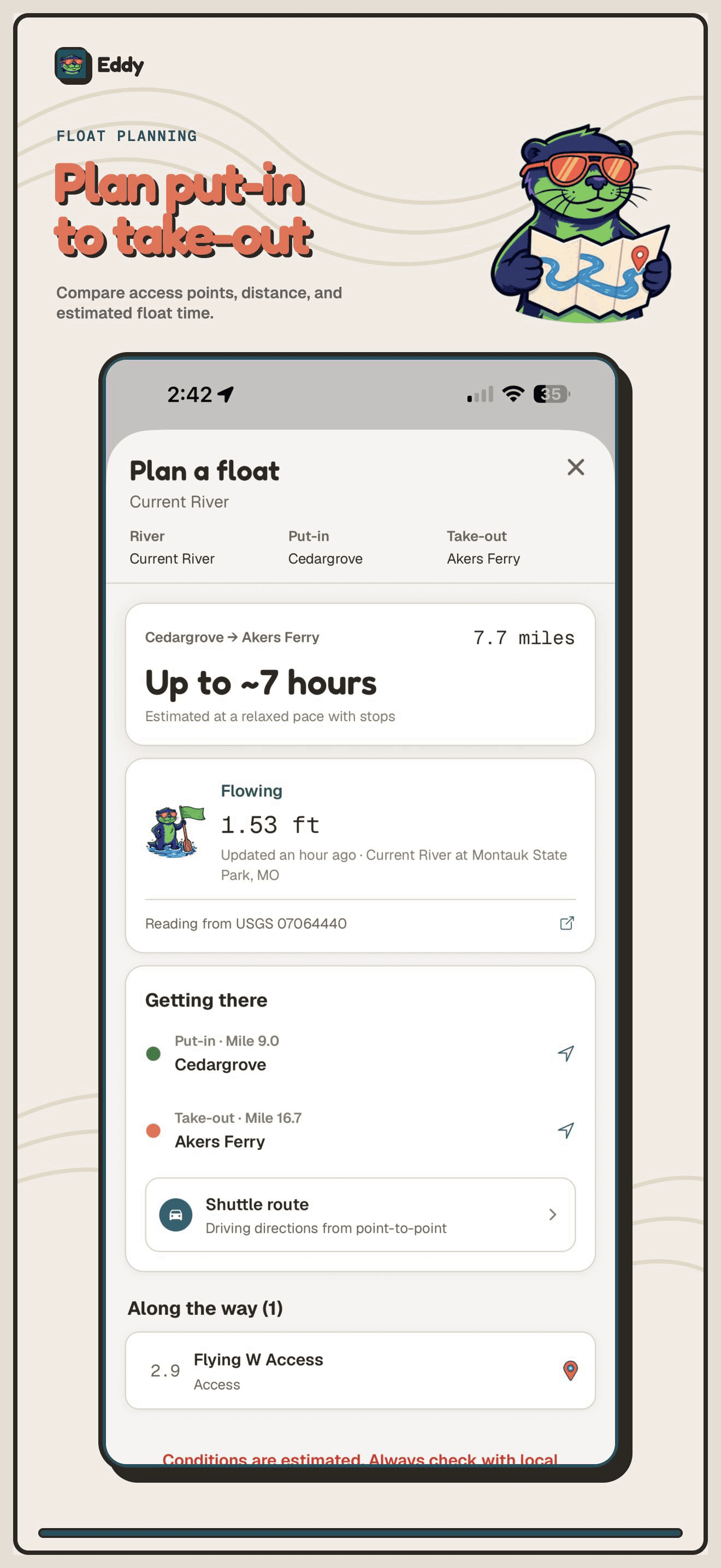 Plan a float from put-in to take-out in Eddy