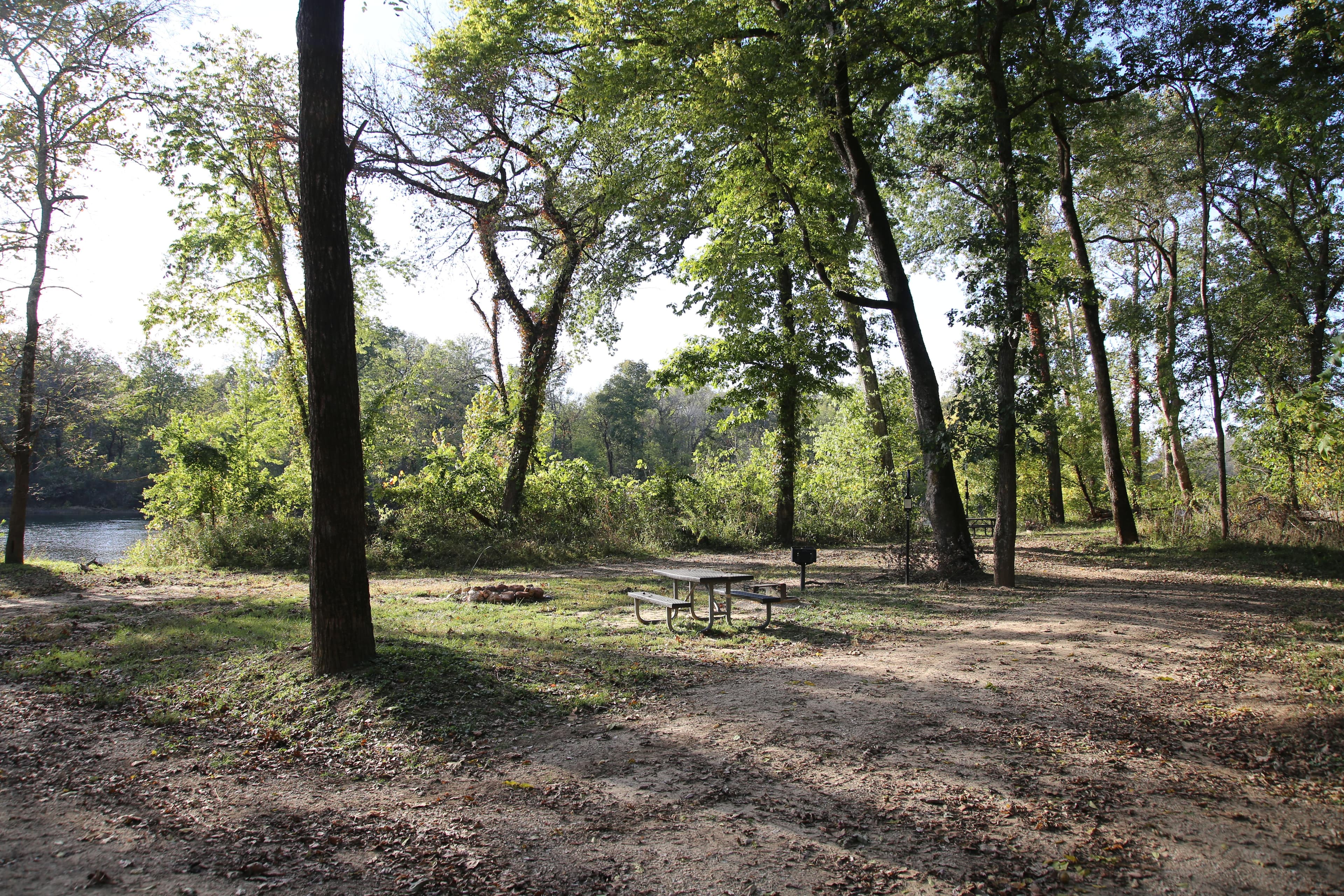 Two campsites with a mix of dirt and grass. Trees provide shade from above.